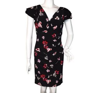 LAUREN RALPH LAUREN Dress, M, Black/Red floral, Layered Flutter sleeve, V-neck